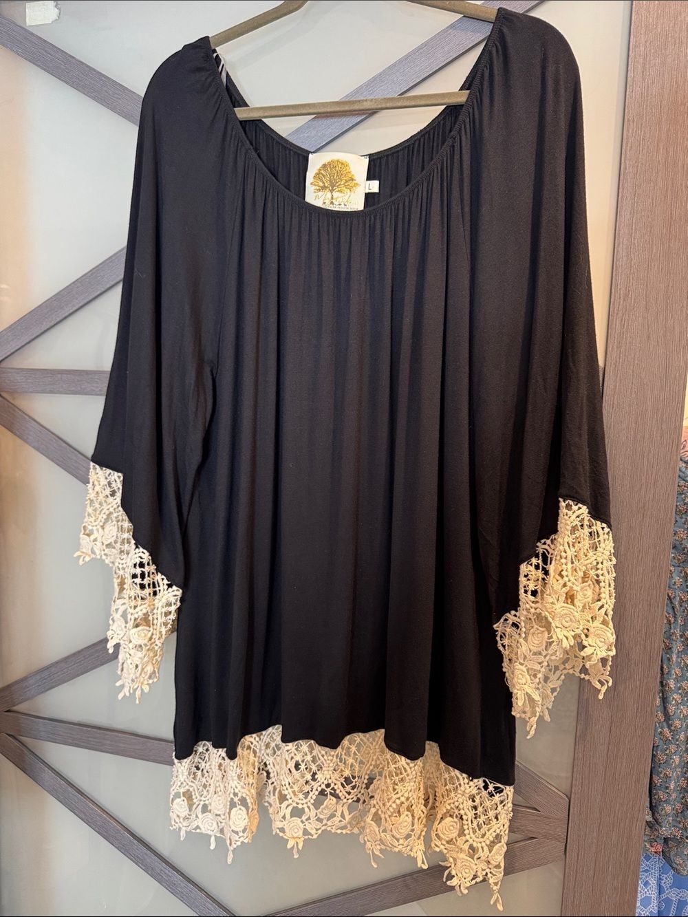 Black Tunic Top with Cream Lace Trim by Missy Robertson